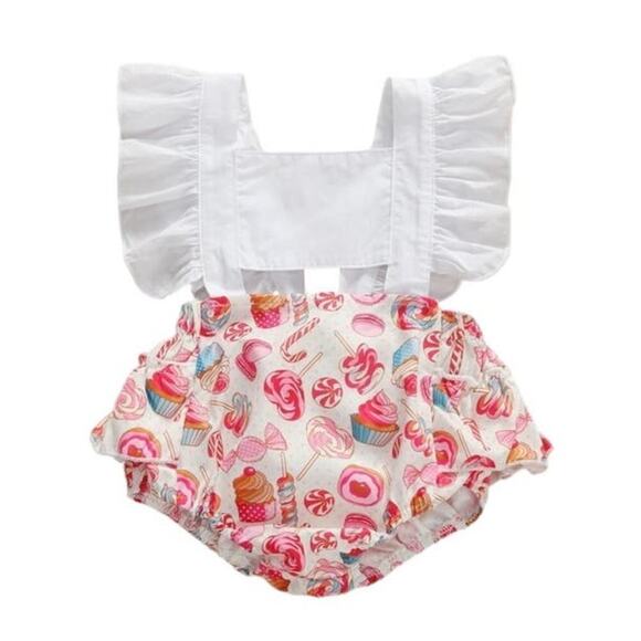 Canrulo Babies 12M Flying Sleeve Lemon Cartoon Cake Print Backless Pink Romper - Picture 1 of 12